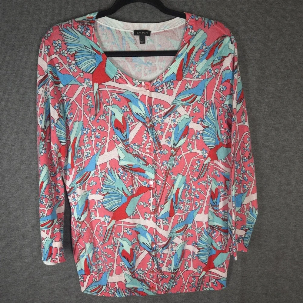 Talbots Cardigan Womens Large Bird‎ Print Tropical Resort Preppy Coastal
